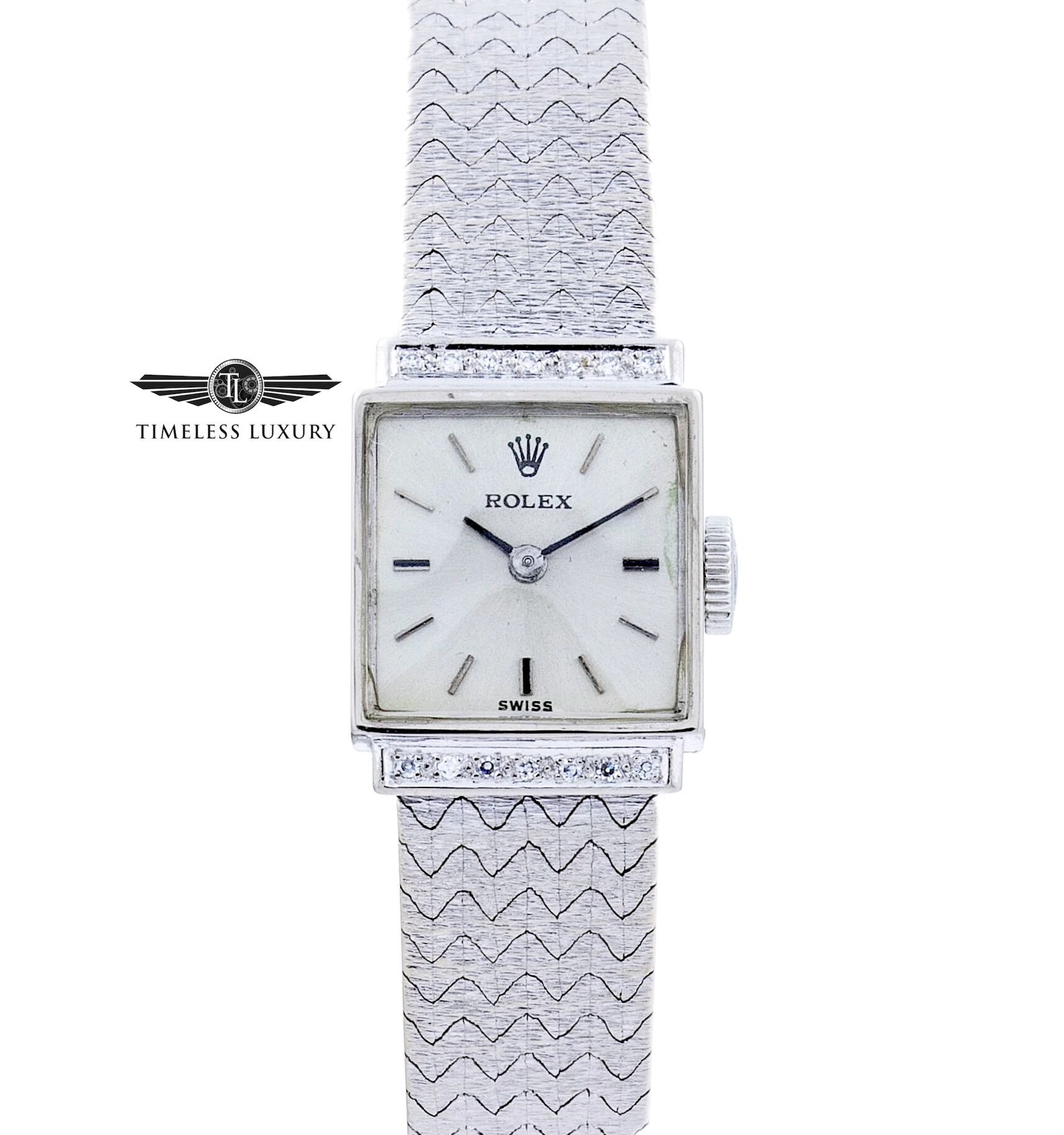 Vintage Ladies Rolex Cocktail Watch Square White Gold Diamond Band