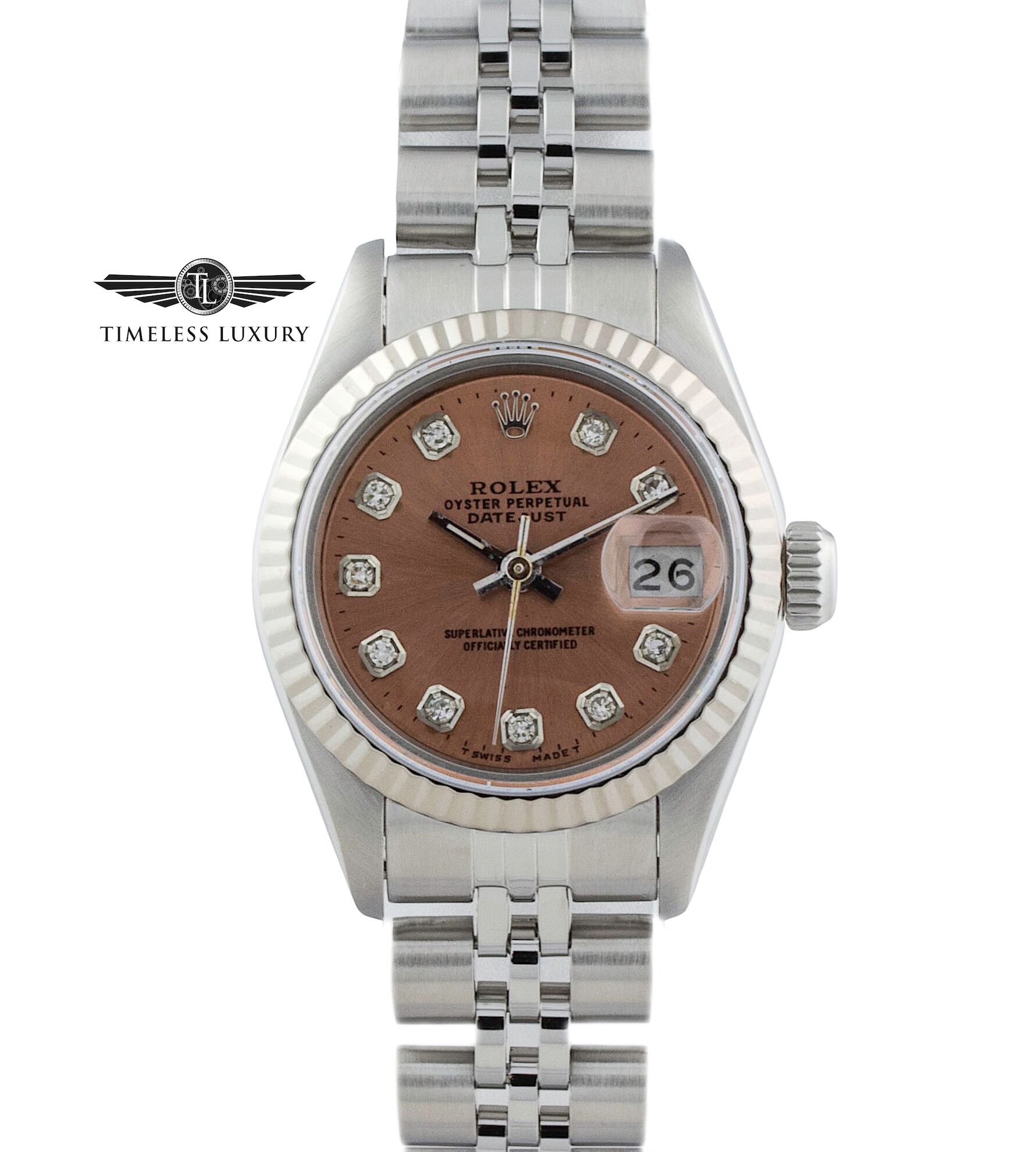 1986 Ladies Rolex Datejust 69174 Stainless Steel 26mm Pink Salmon Dial
