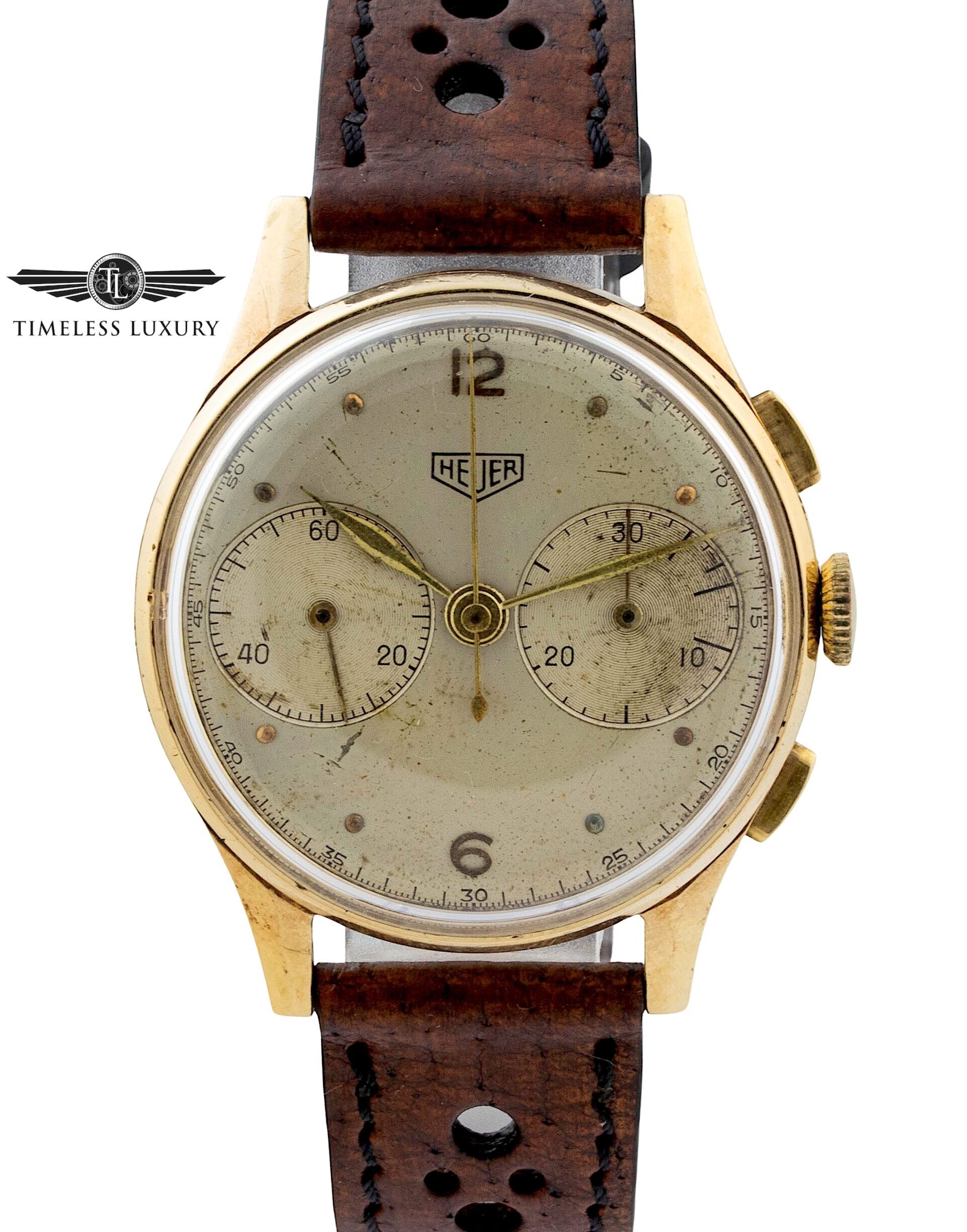 Vintage 1940's Heuer Chronograph 418J 18K Yellow Gold 36mm