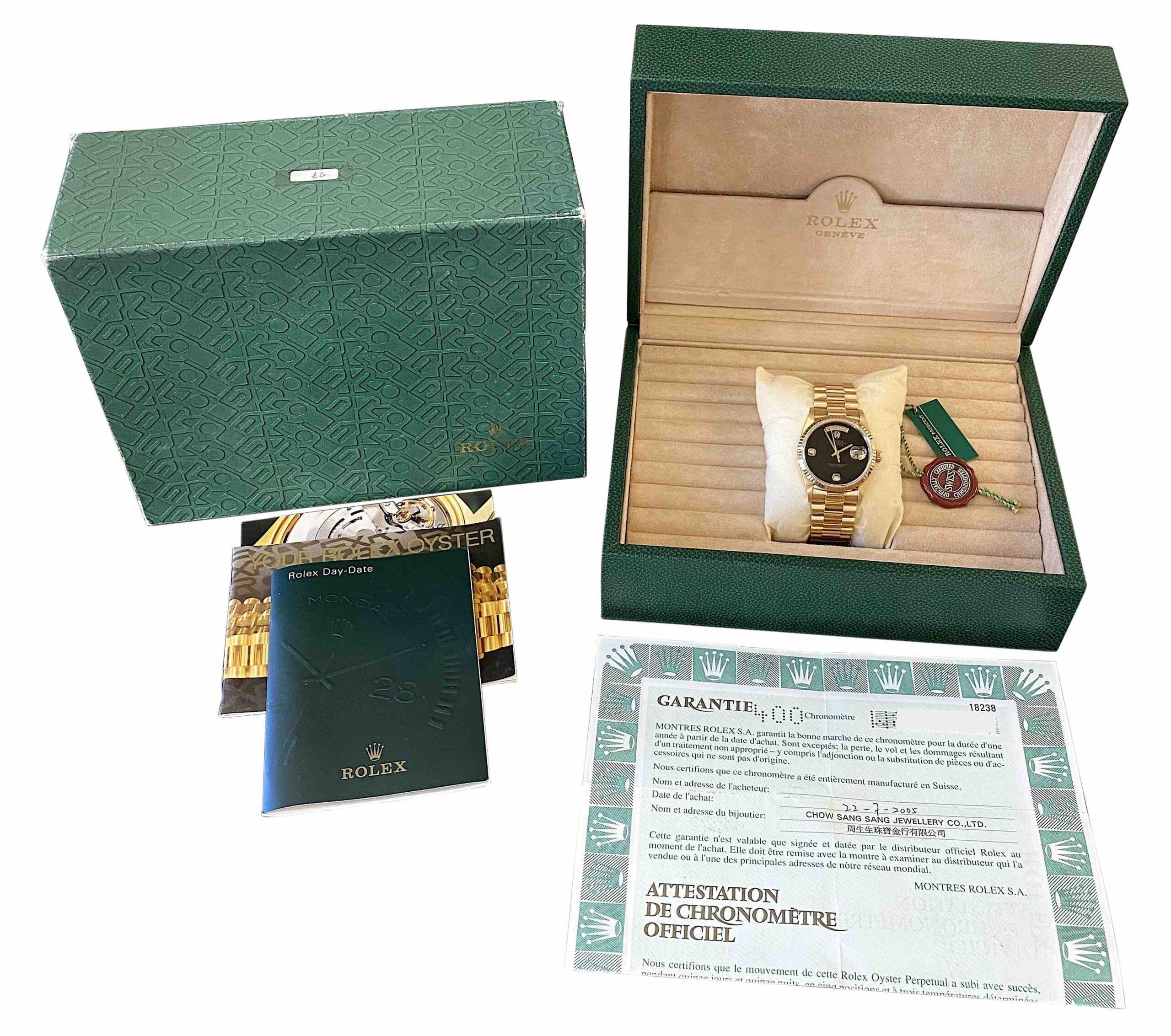 ROLEX 18238 公式保証書 1995 Rolex Day-Date 18238 18k Gold 36mm Onyx Diamond Dial