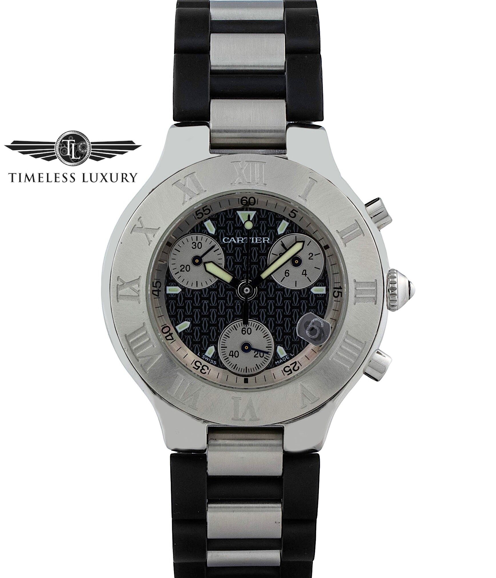 Cartier 21 Autoscaph 2424 Stainless Steel 38mm Black Dial Quartz